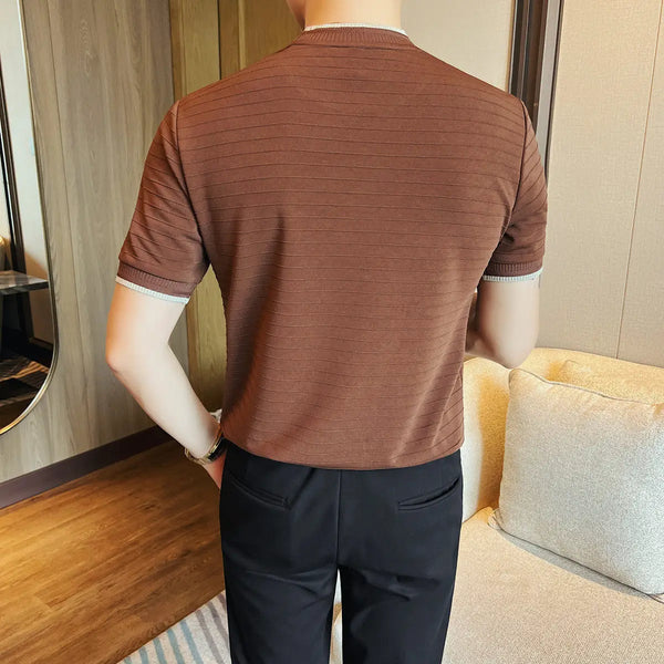 Men's Slim Fit Fake Two Pieces T-Shirt Short Sleeve O-Neck Contrast Color Striped Stretchy Casual Cool Touch Top Fashion Tee