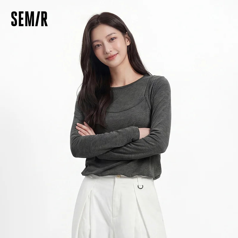 Semir Women Tshirt Long Sleeve Short Faux Two Piece Bubble Hem Slim Solid Sweet Casual Autumn Top Daily Wear 2026