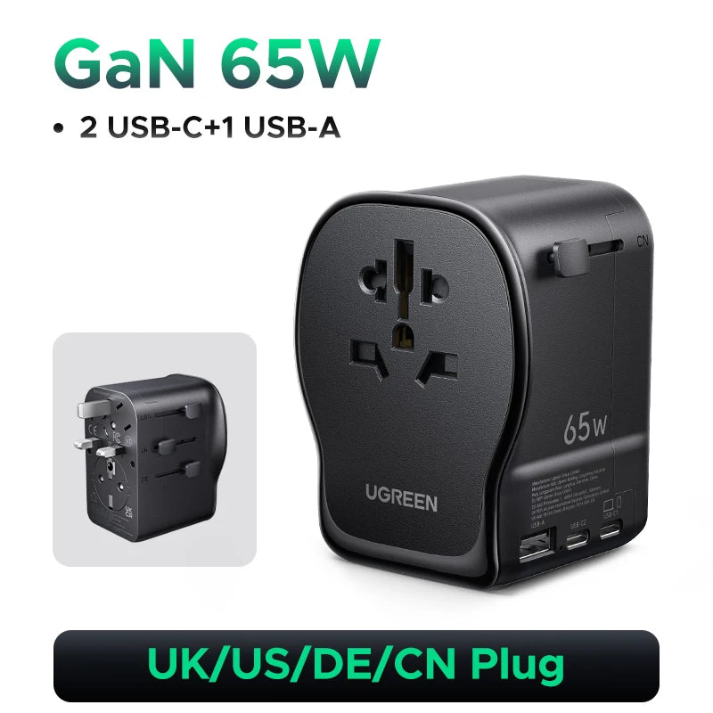 UGREEN 65W GaN Universal Travel Adapter 2 USB-C 1 USB-A AC Socket Charger Certified CE FCC UKCA TÜV For EU US UK Grounded Plug