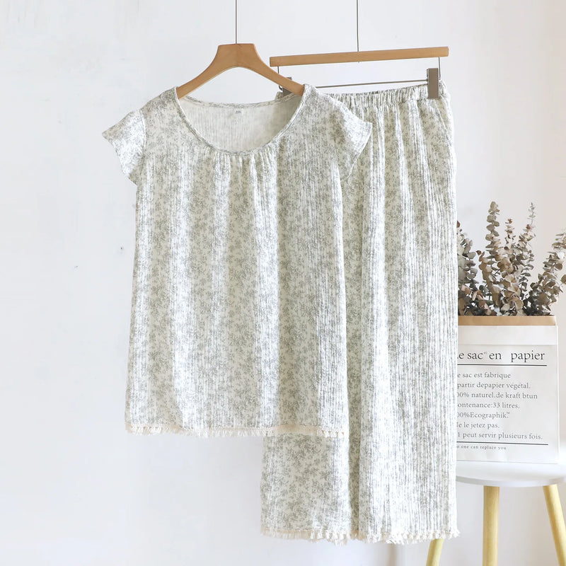 Summer Pajamas for Woman Pyjamas Floral Thin 2PCS Short Sleeve Night Wear for Ladies 100% Cotton Home Suit Women's Sleepwear