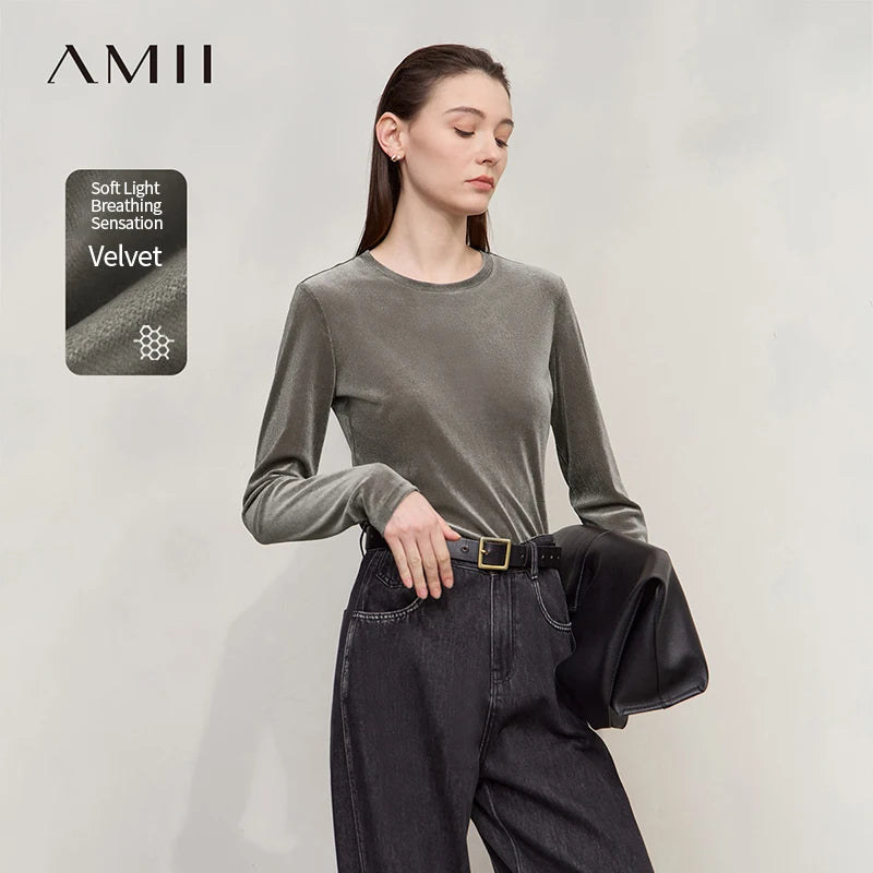 Amii Long Sleeve T-shirt 2026 Autumn New Shiny Casual ONeck Slim T-Shirt Women's Solid Color Versatile Mesh Knitted Top 12523045