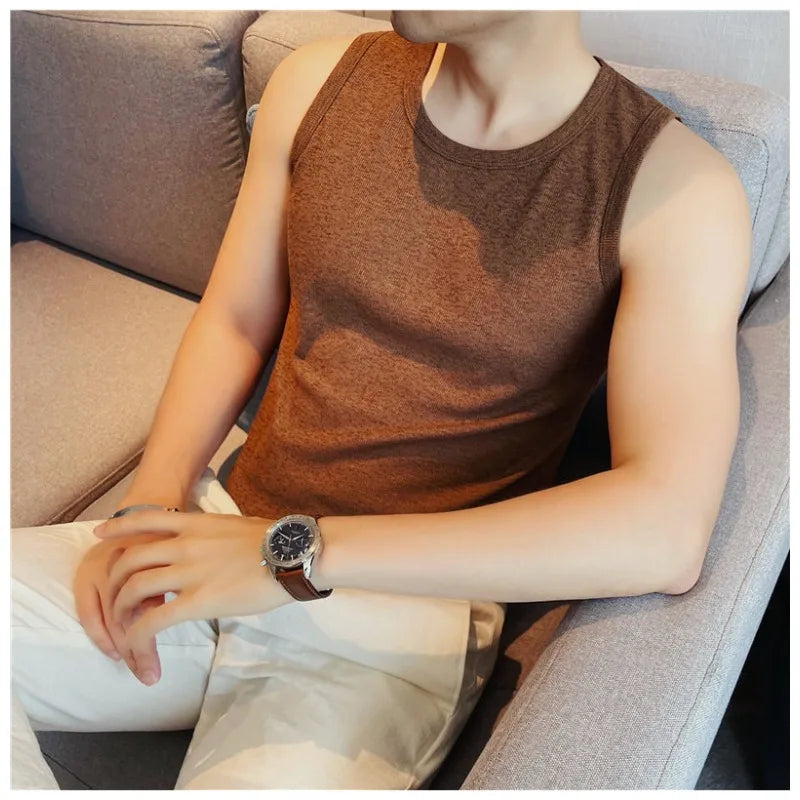 Men's Two-Tone Linen Blend Knit Tank Top – Summer Breathable Textured Sleeveless Vest for Fitness & Casual Wear