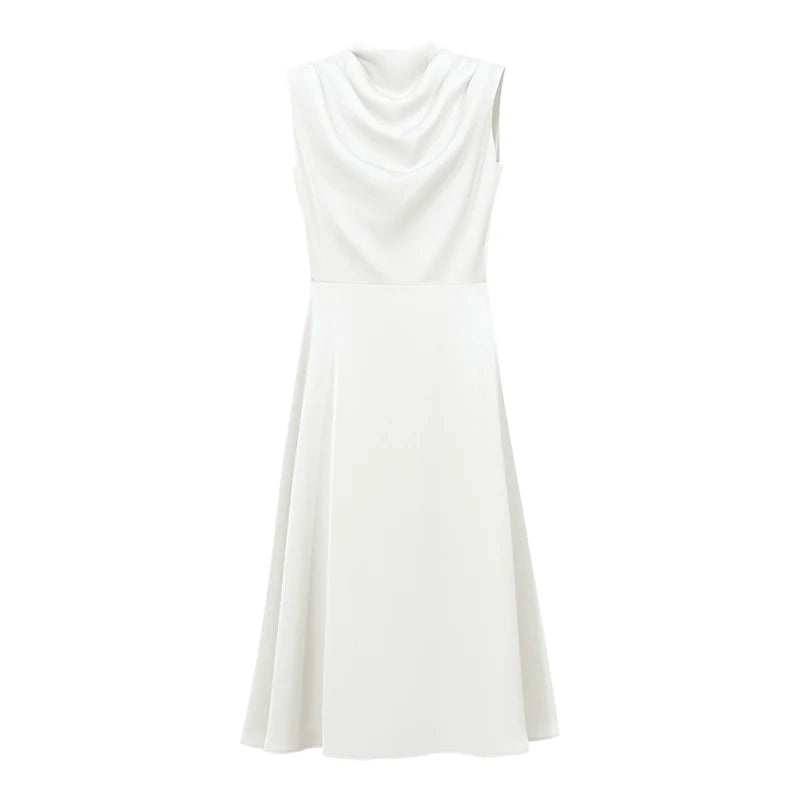 Amii Satin Women's Dress 2026 Summer New Solid Color Sleeveless Elegant Cowl Neck Casual  A-Line Midi Dress for Women 12642219