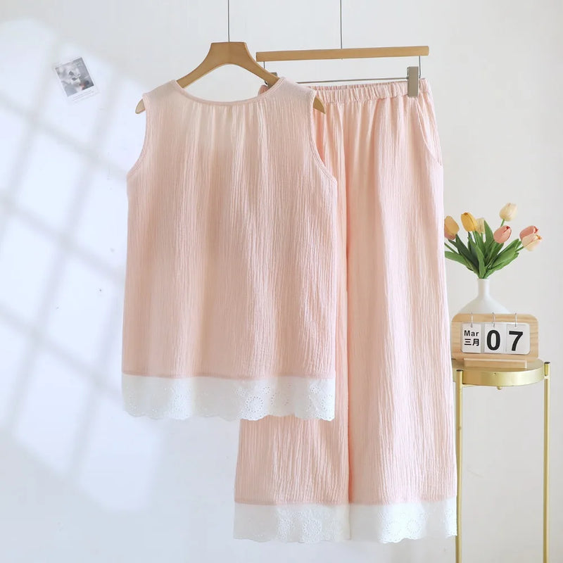 Two Piece Thin Sleeveless Pajamas Woman Summer Sleepwear Cotton Home Suit Sleep Loose Lounge Pijama Wear Women's Home Clothes