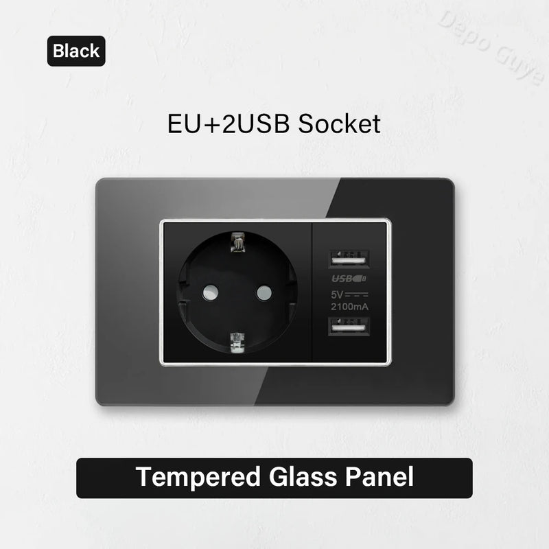 Type 118 Black Tempered Glass Panel EU Wall Light Switch,Europe Wall Socket With USB Type-c 18W Quick Charge Outlet 118*75mm