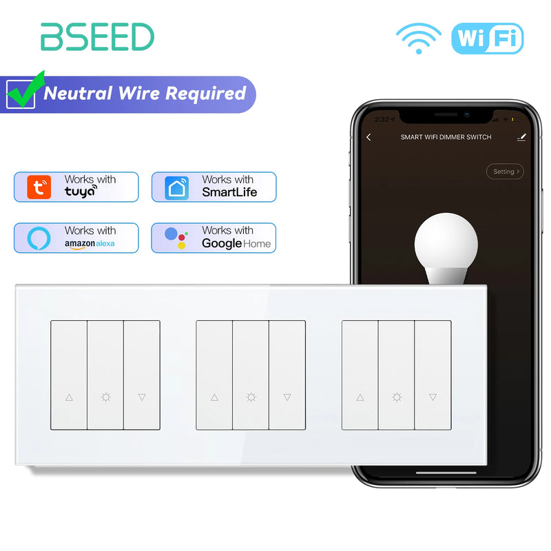 BSEED WIFI Dimmer Switch 1/2/3/4Gang Smart Click Button Switch Glass Panel White LED Indicator Tuya Smart Life Alexa Control