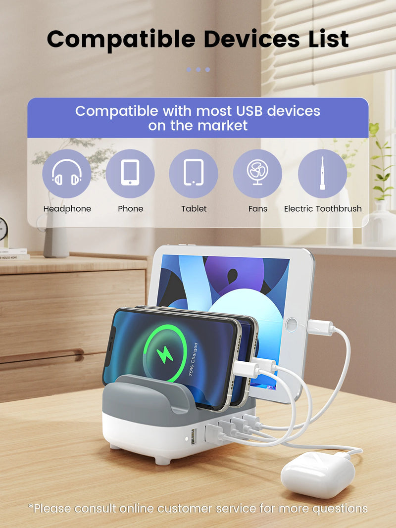 ORICO 5 Ports USB Charging Station Dock with Holder 40W 5V2.4A USB Charging Free USB Cable for iPhone PC Tablet
