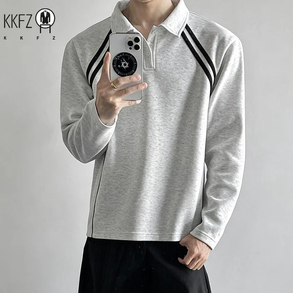 Mens Sports Style Polo Pullover Lapel Collar Long Sleeve Side Striped Detail Raglan Cut Soft Fabric Top