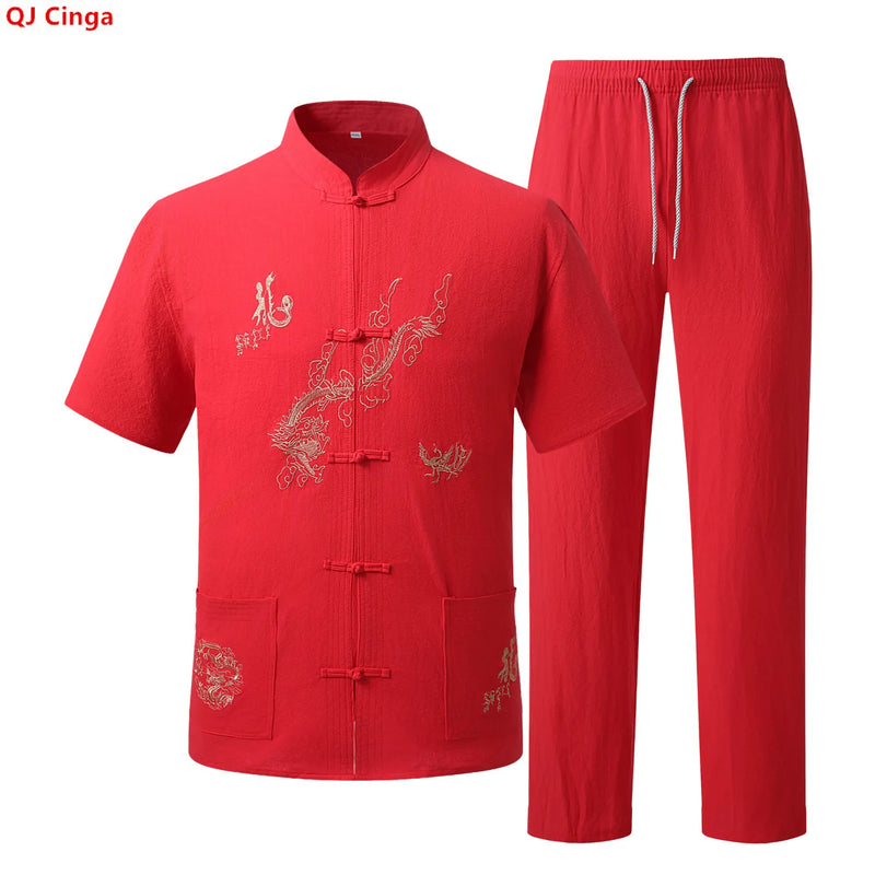 Men's Red Embroidered Two-piece Set for Summer, Featuring A Chinese-style Short-sleeve Shirt Paired with Ankle-length Pants.