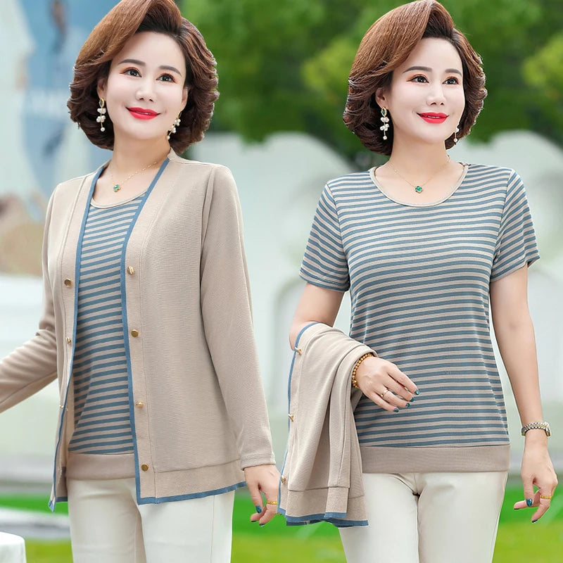 អាវយឺតដៃវែងប៉ាក់សម្រាប់ស្ត្រីវ័យកណ្តាល 2 ឈុត រដូវផ្ការីក រដូវស្លឹកឈើជ្រុះ សម្លៀកបំពាក់ម្តាយ Camisetas Mujer
