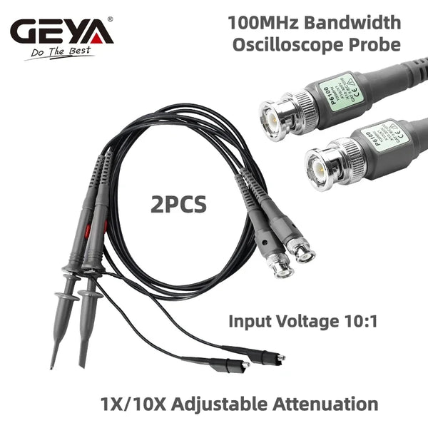 អូស៊ីឡូស្កូប GEYA 2 ដុំ 100 MHz ឧបករណ៍ស៊ើបអង្កេត 1X/10X កុងតាក់បន្ថយសំឡេងដែលអាចលៃតម្រូវបាន ក្លីប BNC ខ្សែសាកល្បង វ៉ុលបញ្ចូល 10:1 ឧបករណ៍ស៊ើបអង្កេតវិសាលភាព