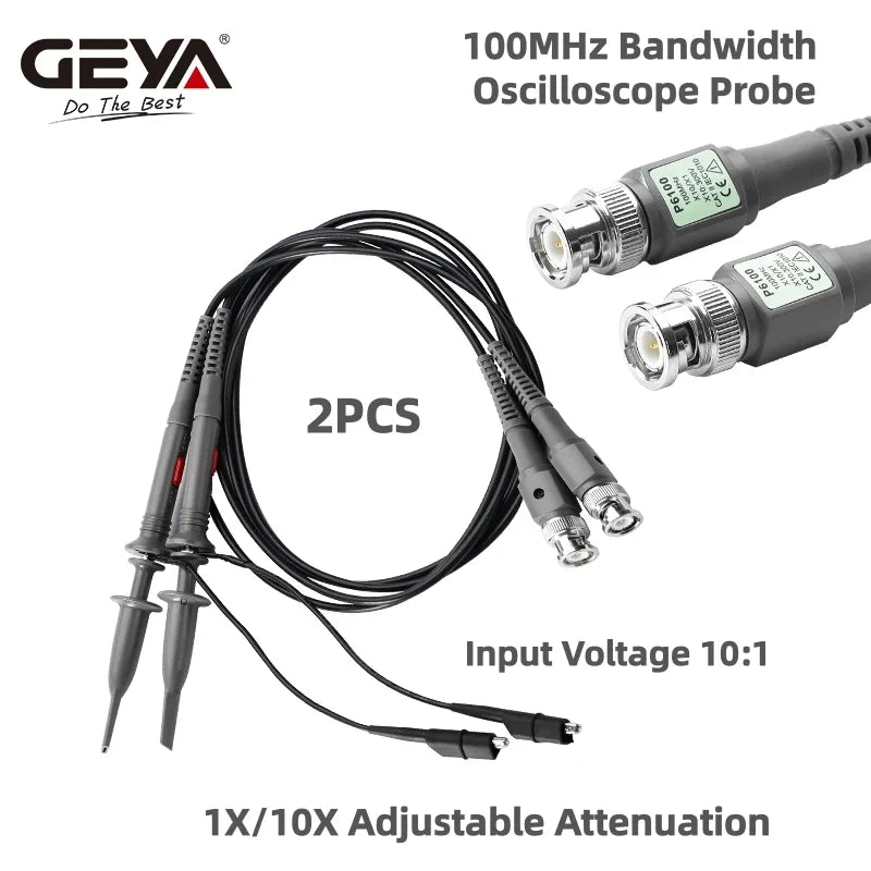 អូស៊ីឡូស្កូប GEYA 2 ដុំ 100 MHz ឧបករណ៍ស៊ើបអង្កេត 1X/10X កុងតាក់បន្ថយសំឡេងដែលអាចលៃតម្រូវបាន ក្លីប BNC ខ្សែសាកល្បង វ៉ុលបញ្ចូល 10:1 ឧបករណ៍ស៊ើបអង្កេតវិសាលភាព