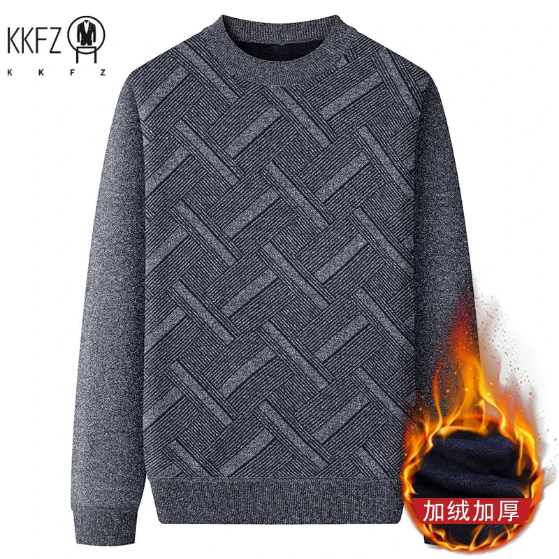 Street Style Male Knit Sweater Geometric Interlaced Stripe Pattern Comfortable Crew Neck Daily Outing Long Sleeve Top