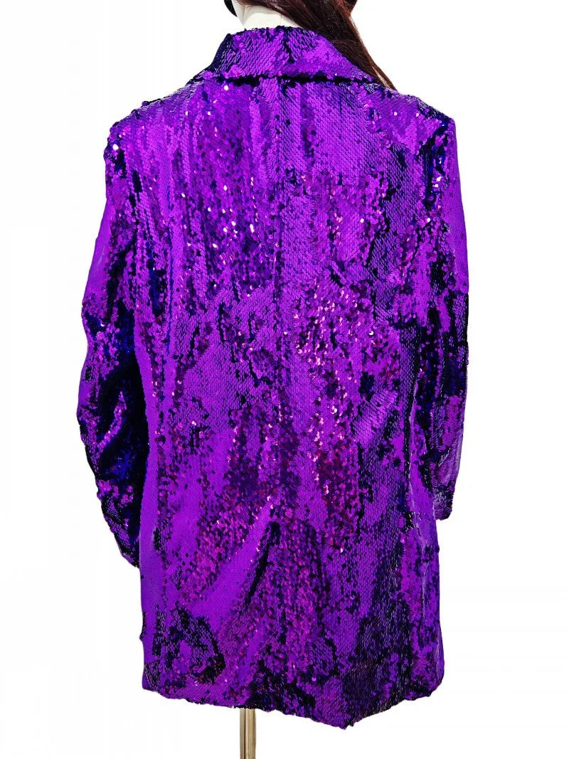 Women's Purple Cardigan with Circular Sequin Embellishments, Perfect for Nightclubs, Weddings, Parties, and Stage Performances.