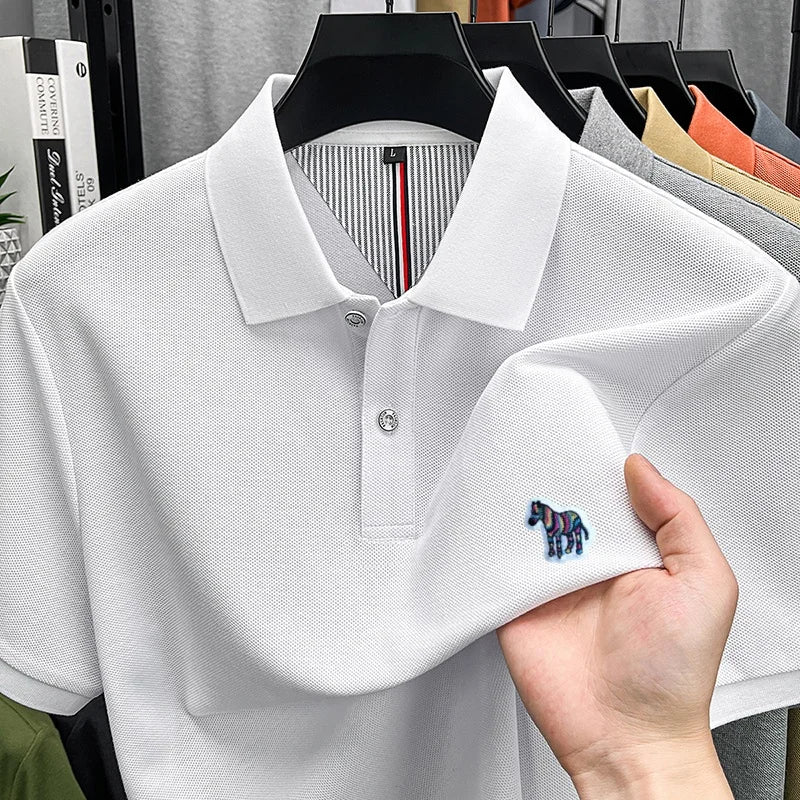 High Quality 100% Cotton Summer Man Short-Sleeved Polo Shirt Lapel Button Slit Hem Zebra Embroidery Snug Ventilate Men'sClothing