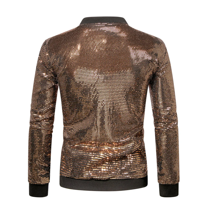 2026 Men's Gold Long Sleeve Jacket, Baseball Collar Zipper Control Switch Jackets,Round Metal Piece Decoration Top, Silver Coat