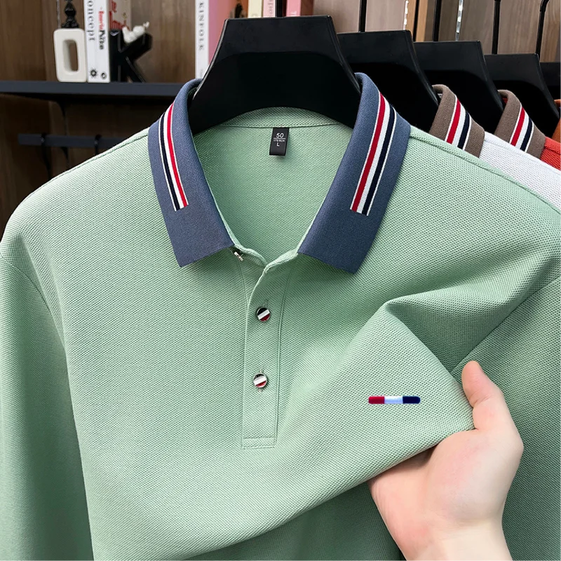 100% Cotton Man Long-Sleeved Polo Shirt Lapel Button Color Blocking Exquisite Pattern Embroidery Autumn New Leisure Polo Shirt