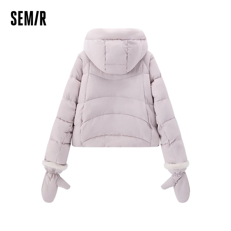 Semir Women Padded Jacket Raglan Sleeve Textured Loose Fit Hooded Glove Detail Minimal Style 2026 New Winter Daily Wear