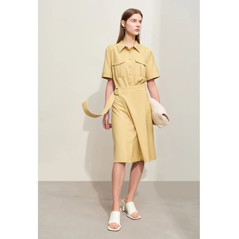 រ៉ូប Amii Minimalism Women រដូវស្លឹកឈើជ្រុះឆ្នាំ ២០២៤ រ៉ូបថ្មី Lapel False Two-piece រចនាប័ទ្ម Safari ដៃខ្លីសម្រាប់នារី ខ្សែរ៉ូប Retro 12441222