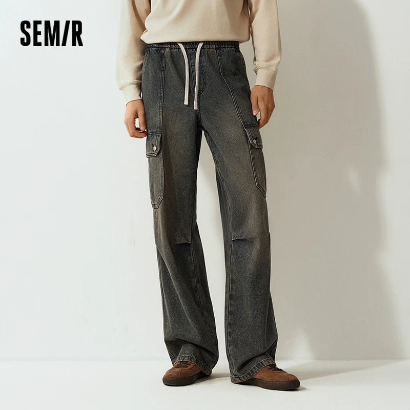 Semir Jeans Men Loose Wide Leg Cargo Pants Retro Distressed Big Pocket 2025 Winter New Long Pants Men'S Clothing