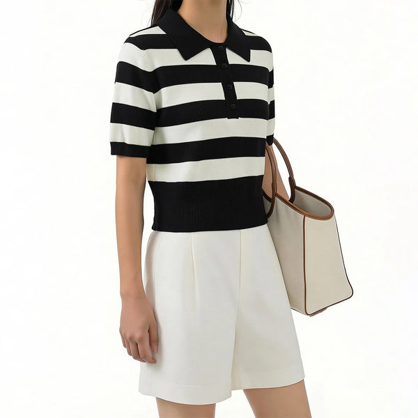 Amii Stripe Women's Knit Top 2026 Summer New Polo Neck Short Sleeve Sweater Slim Fit Casual Cropped Pullover For Women 12622209