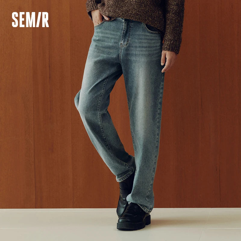 Semir Senrou Denim Jeans Men Whisker Retro Distressed Straight Leg 2025 Winter New Long Pants Elastic Men'S Wear
