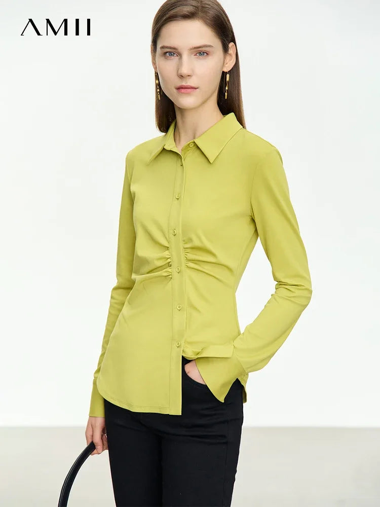 អាវ AMII Minimalism Asymmetric សម្រាប់ស្ត្រី 2025 រដូវស្លឹកឈើជ្រុះថ្មី Niche Folds Slim Office Lady Solid Female Shirts & Blouses 12343069