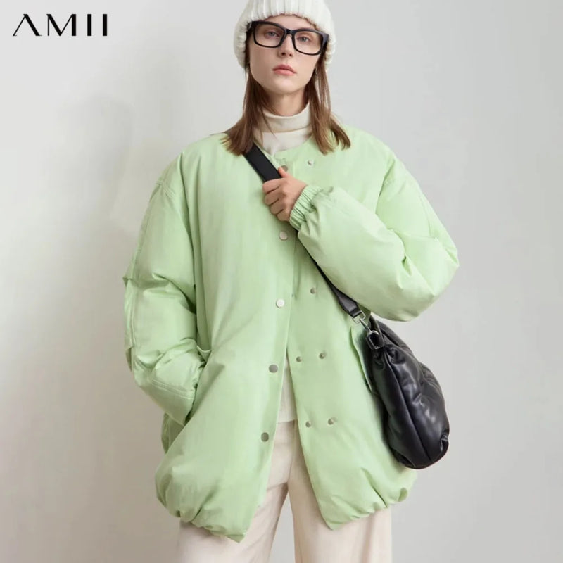 AMII Minimalism Women's Down Jacket 2026 Winter Casual Warm Round Neck Ultra-loose Long Sleeve Solid Versatile Overcoat 12444112