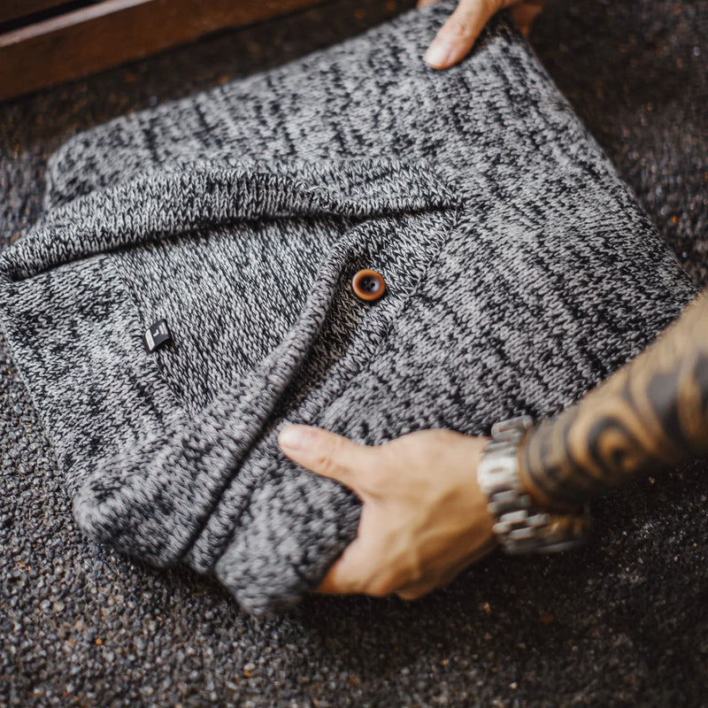 Maden Men's Vintage Shawl Collar Sweater Grey Quiet Luxury Knit Pullover Warm Base Layer for Autumn and Winter 100% Cotton Tops