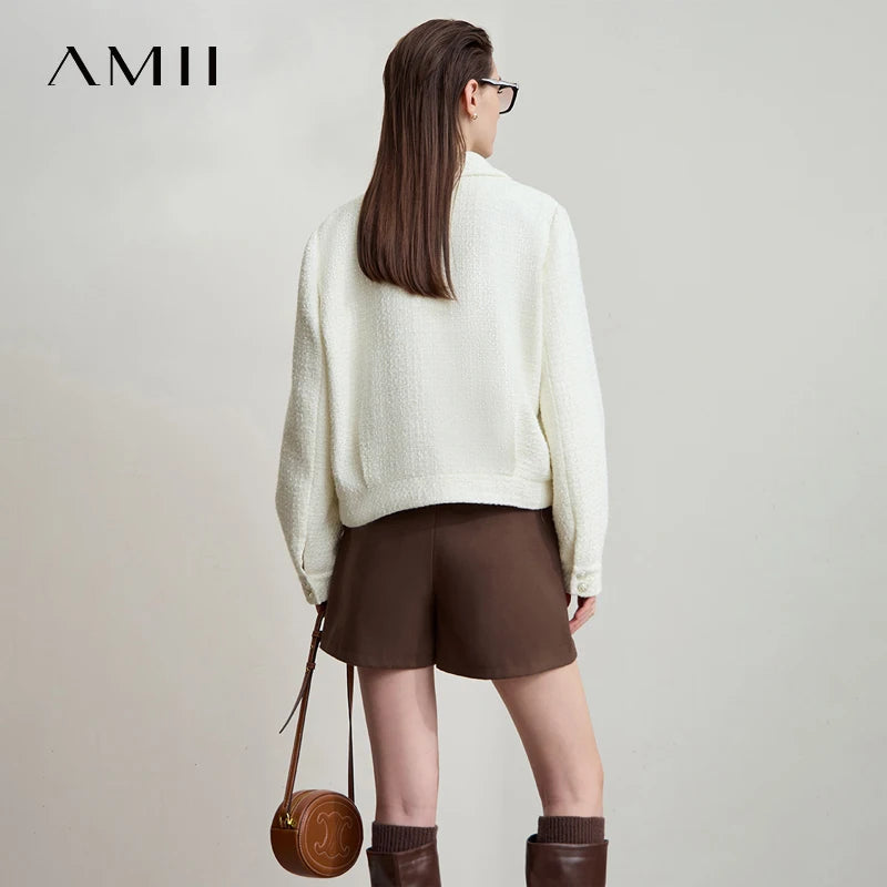 AMII Women's Jackets Classic Turn-down Collar Zipper Tweed Straight Long Sleeve Tops 2026 Autumn New Elegant Woman Coat 12543098