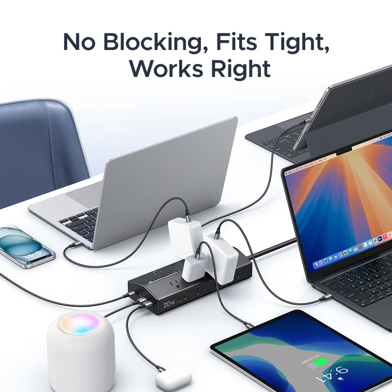 UGREEN 20W Power Strip Fast Charger 16 AC Outlets 1 USB-C 3 USB-A US Plug Extension Adapter For Tablet Phone Overload Protection