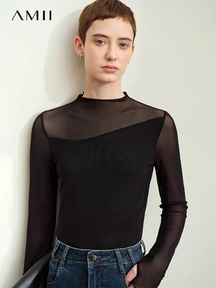 អាវយឺត Amii Minimalism Mesh សម្រាប់ស្ត្រី 2026 រដូវស្លឹកឈើជ្រុះថ្មី Office Lady ពាក់កណ្តាលខ្ពស់ Micro Perspective អាវ Retro ស្ដើង 12423055