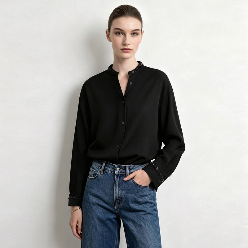 Amii Women Shirts 2026 Autumn New Loose-Fit Stand Collar Shirt Knitted Drop-Shoulder Long Sleeve Tops Casual Blouse 12623022