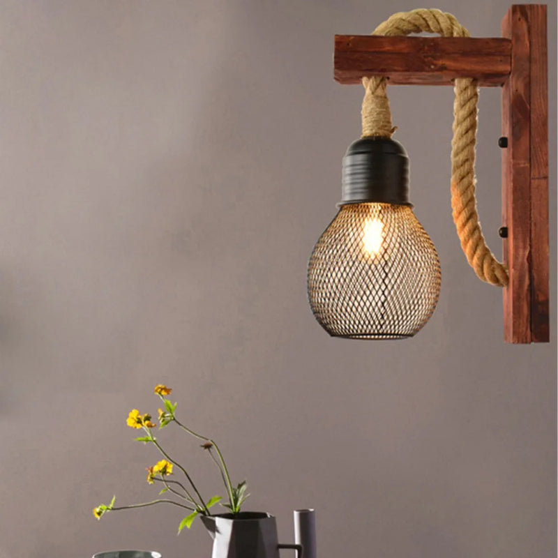 JOYINLED Vintage Country Single-head Pendant Light Wooden Hemp Rope Design Wall Lamp for Hallway Dining Room Bar Bedroom
