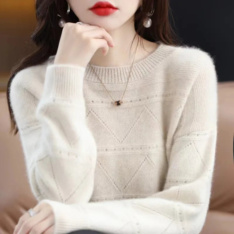 Hollow Out Pullover Sweater Women New Autumn Winter Loose Knit Long Sleeve Bottom Top Round Neck Warm Pull Femme Knitwears