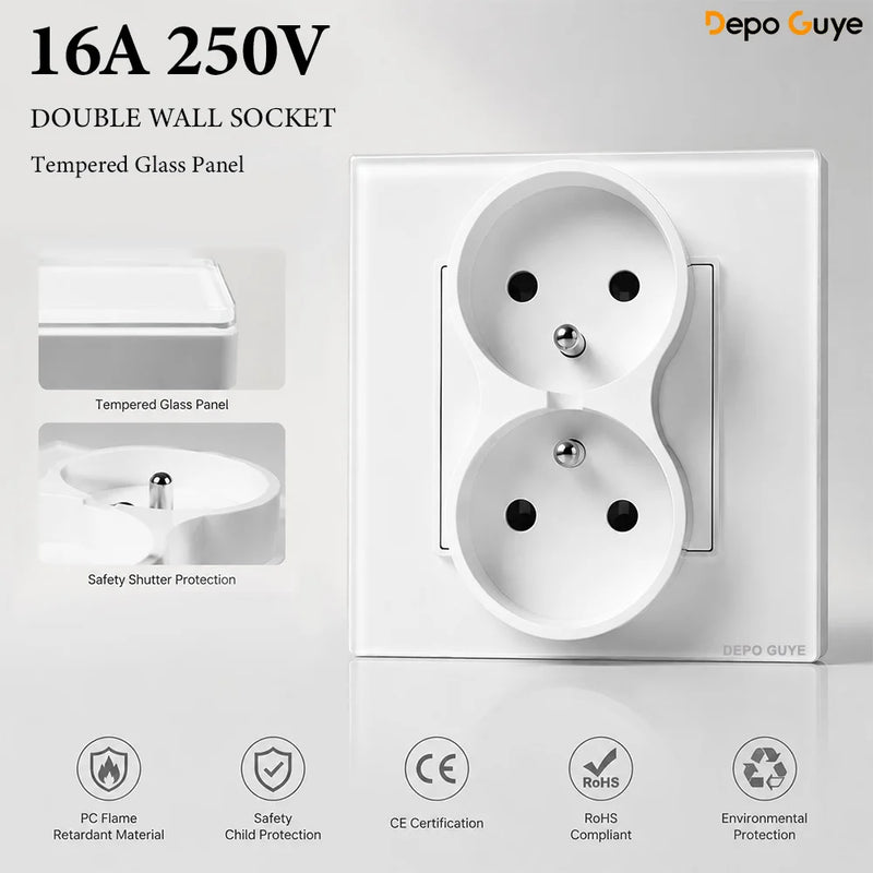 French Wall Socket Double Power Outlet FR Standard 16A Glass Panel Single Double Frame White Black Home Electrical Wall Socket