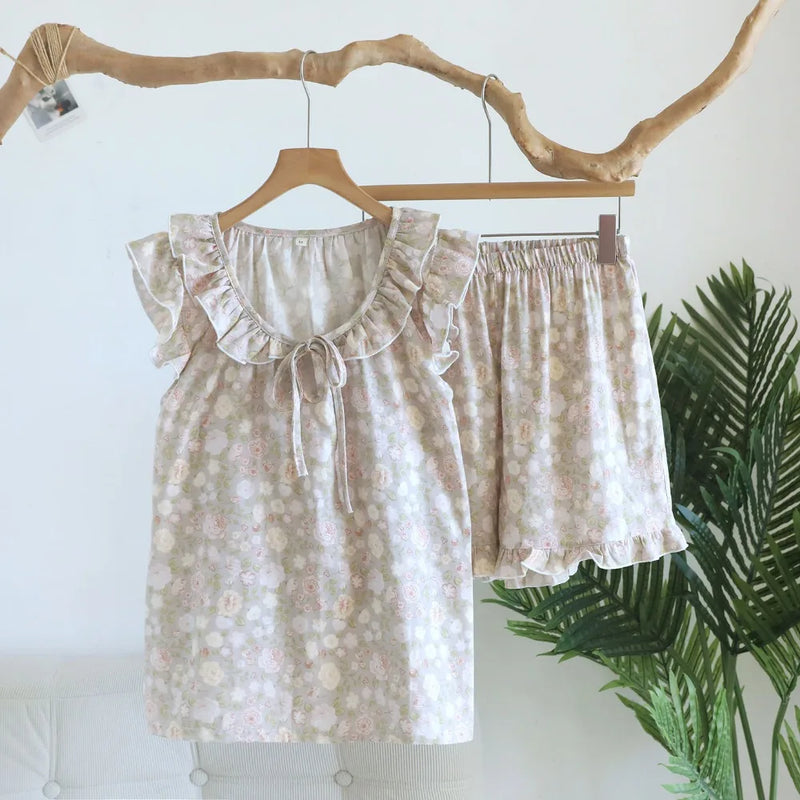 Floral Women's Pajamas With Shorts Summer Wear 2-Piece Set Sleepwear Women Nightwear Pyjama Femme 100% Cotton Home Clothing