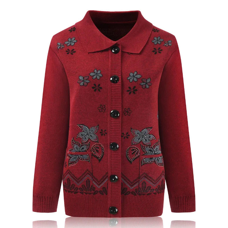 Print Mother Sweater Cardigan Top 60-80 Years Old Middle-Aged Elderly Women's Woolen Jacket Spring Autumn Knitted Shirt