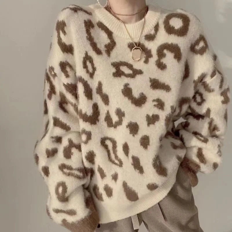 Knitted Pullover Sexy Loose Lazy Leopard Print Sweater Women's South Korea Contrasting Color Thick Soft Crew Neck Jumper Top