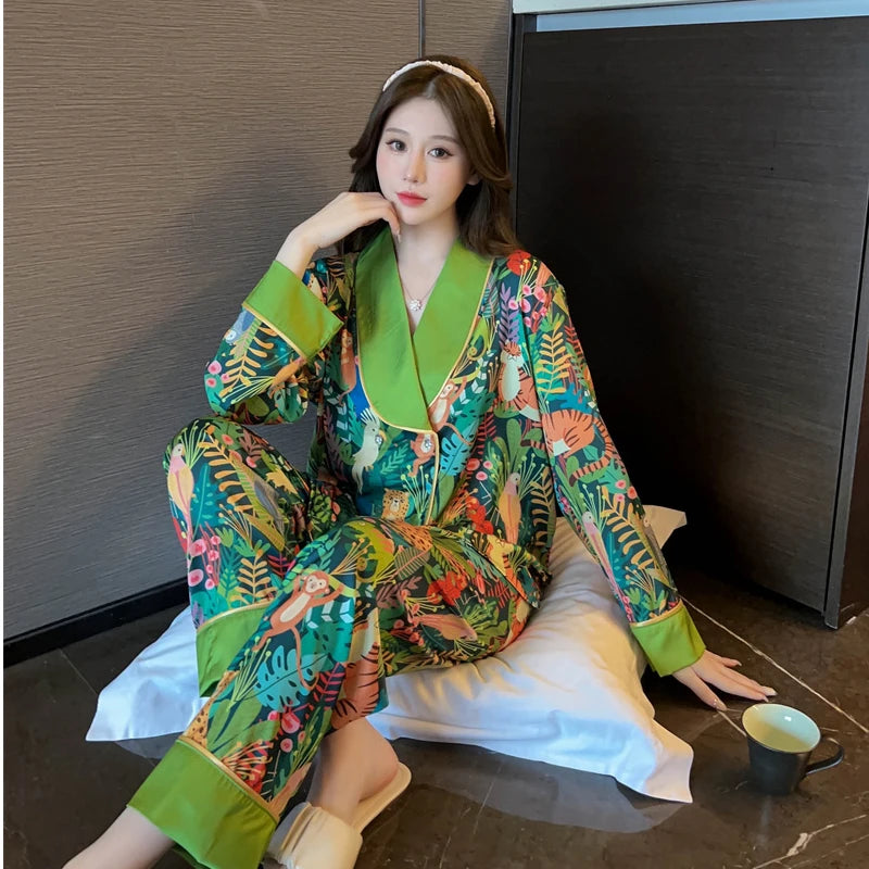 Print  Animal Flower V-neck Luxury Pajamas Set for Women Spring Autumn New Casual Home Suit Nightwear All-match Soft Pajamas