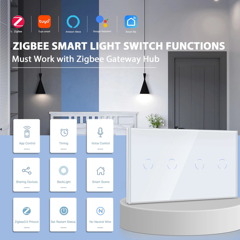 BSEED Zigbee Light Switches Double Smart Switch Touch Sensor Switch No Neutral Tuya Smart Life Alexa Control Home Improvement