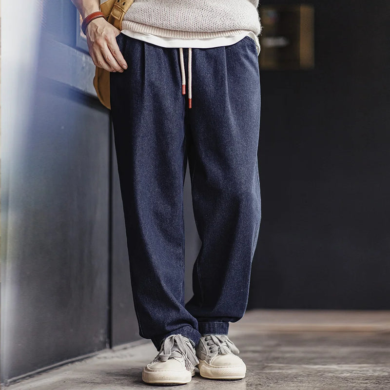 ខោខូវប៊យ Maden Casual 10oz Jogger Denim ជាមួយនឹងខ្សែចងចង្កេះយឺតសម្រាប់ខោបុរសនិទាឃរដូវ និងរដូវស្លឹកឈើជ្រុះ