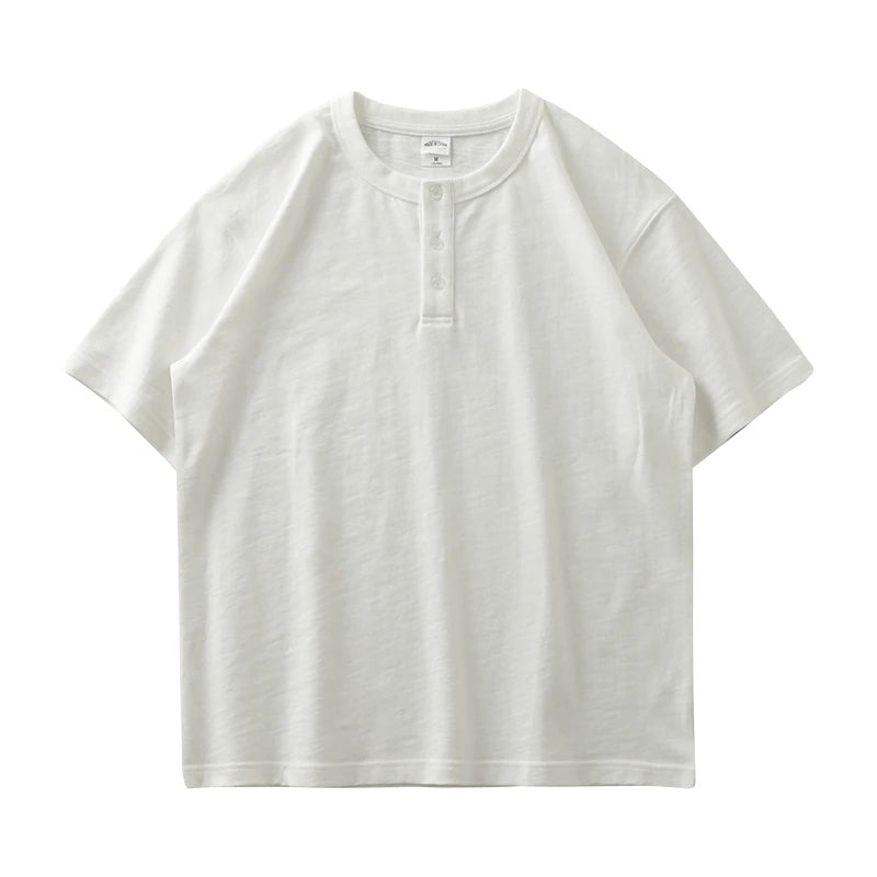 Dukeen 320g Heavyweight Henley Shirt for Men Short Sleeved Summer 100% Cotton Oversized White T Shirt Man Clothing