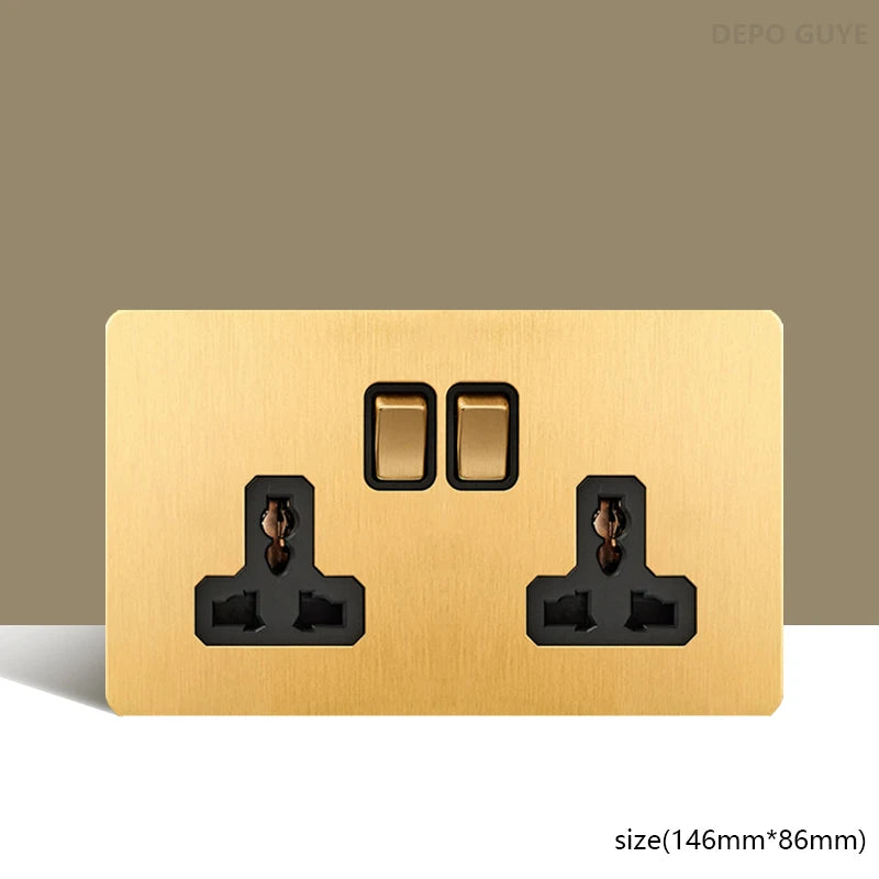 Retro Wall Light Toggle Switch Dual EU FR Socket Gold Stainless Steel Brushed Panel  Vintage Brass Lever For Home Improvement