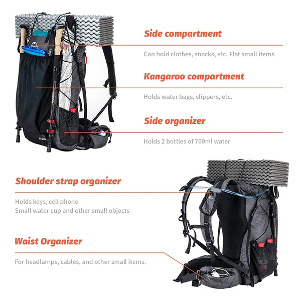 Naturehike Men's Backpack 40L Climbing Backpack Travel Shoulder Bag Fishing Trekking Rucksack Camping Hiking Backpack with Cover