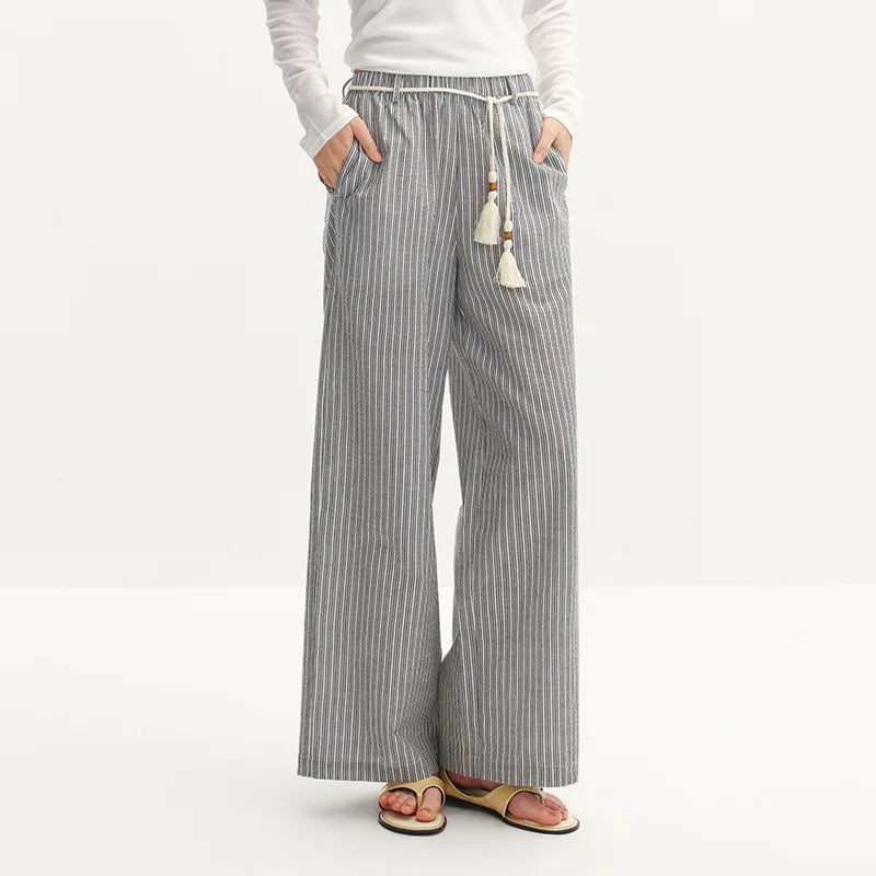 Semir Women Pants Striped 2026 Soft Drape Wide Leg Belted Urban Casual Everyday Style Soft Comfortable Daily Wear Trendy