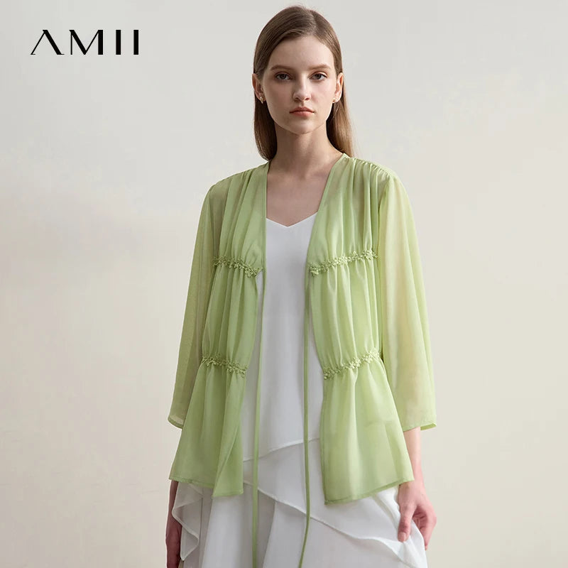 Amii Minimalism Light Luxury Blouse Chiffon 2026 Summer New Women Office Lady Thin Loose Tied Ruffles Flared Sleeves 12542274