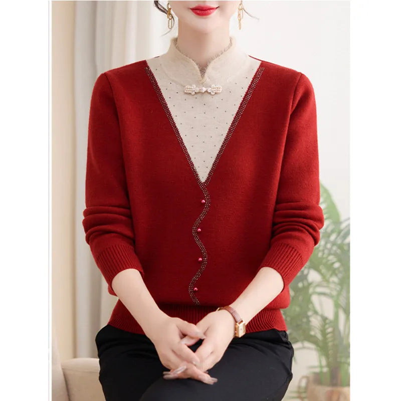 Korean Popular Clothes New Women Sweaters Autumn Winter Knitwear Top Basic Wear Fake Two Piece Middle Aged Mother Pullovers