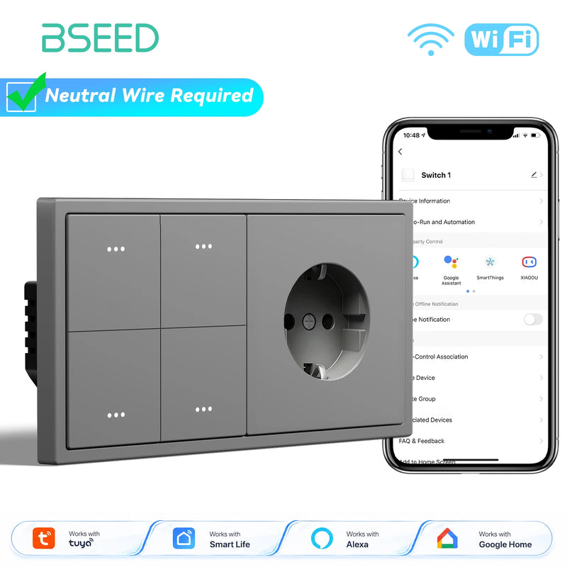 BSEED E Series 1/2/3/4Gang 2Way WIFI Light Switch Smart Click Button Switch Plastic With EU Power Socket Tuya Smart Life Control