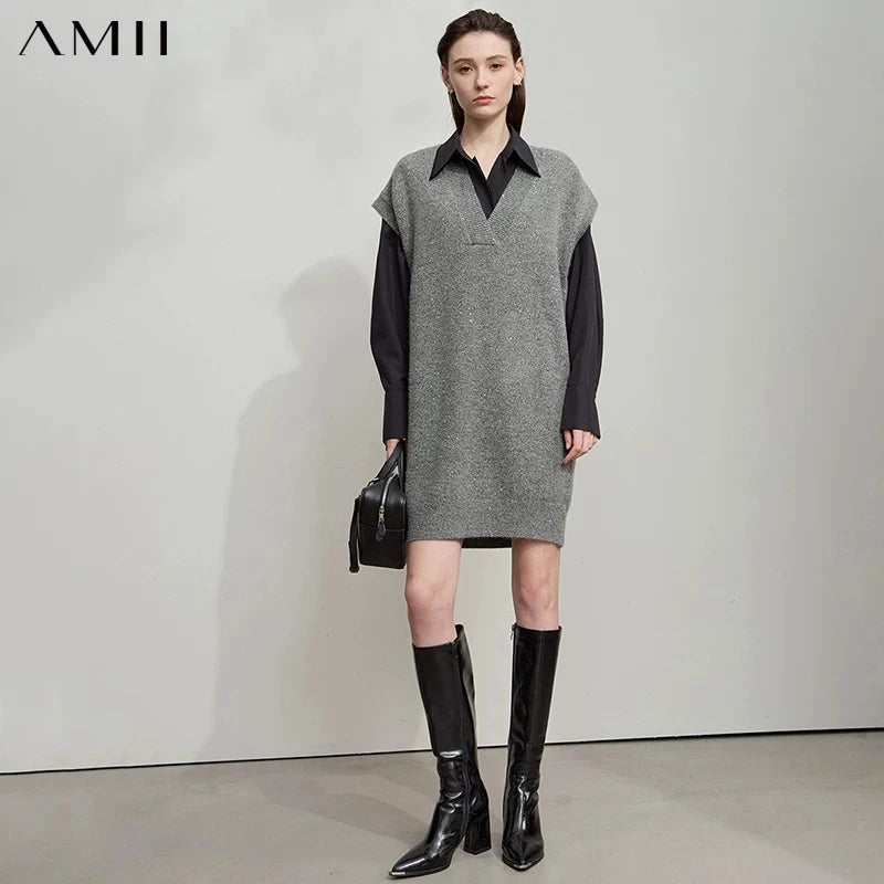 AMII Minimalist Woman Sleeveless Knit Dress 2026 Fashion V-Neck Loose Sequins Dress Luxury Office Lady One-Piece Dress 12523121